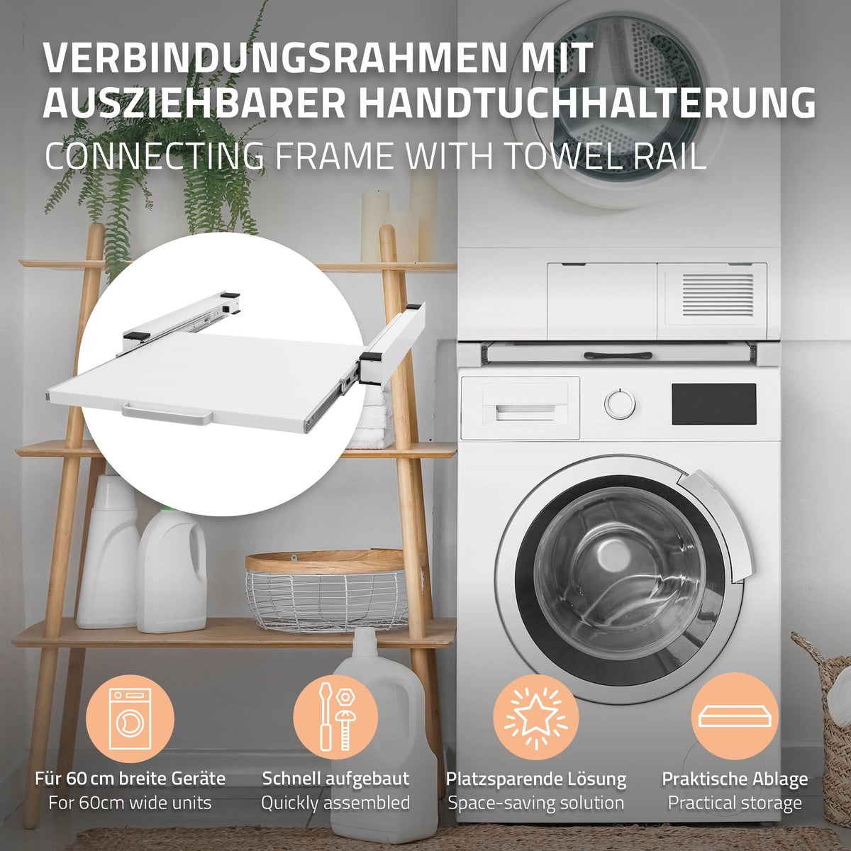 ML-Design Stapelframe met uitschuifbare plank, staal, 60x60 cm, wit, verbindingsframe voor wasmachine/droger, stapelkit met uitschuifbare plank voor wasmand, universeel stapelframe