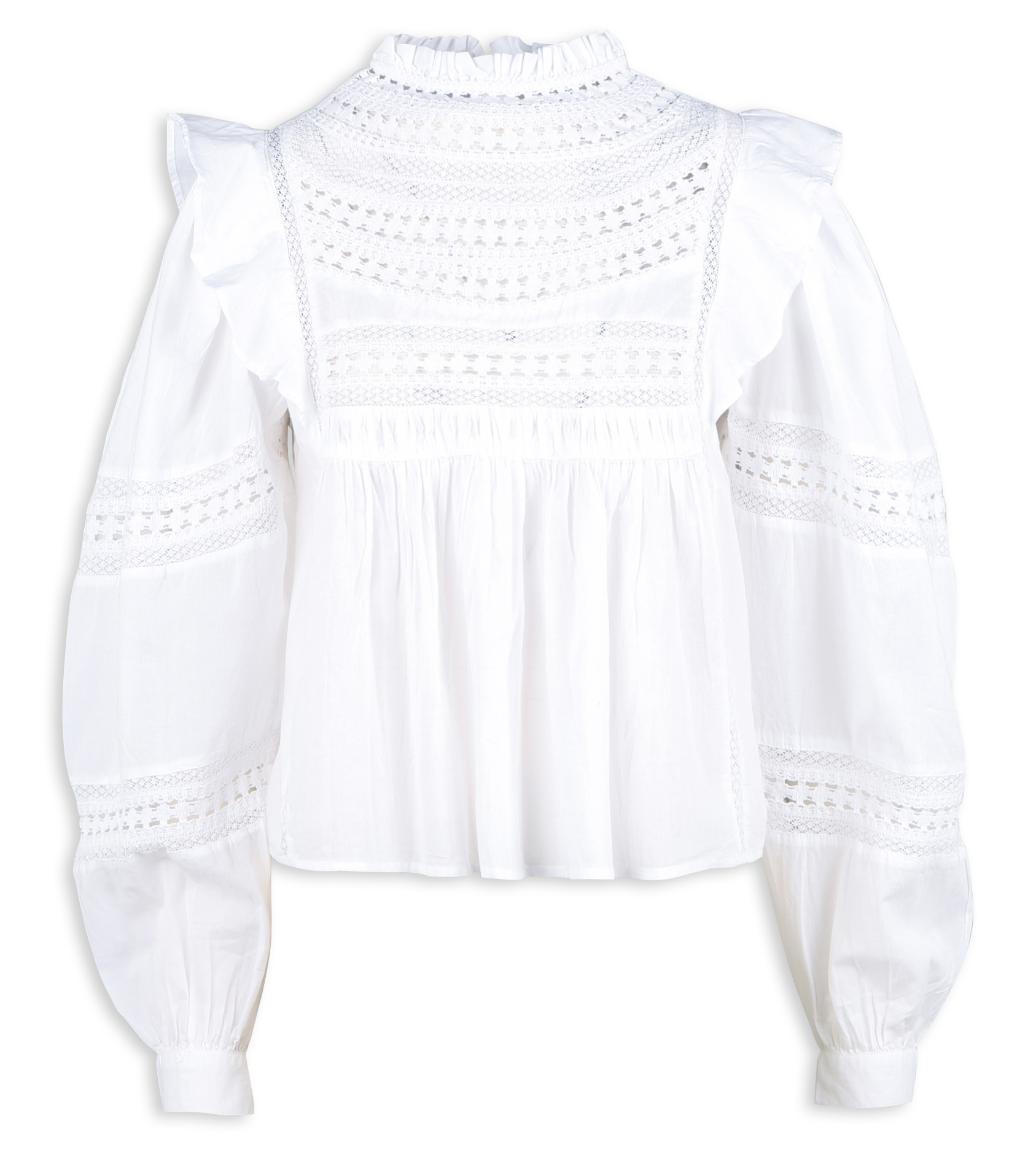 NAYA - Blouse col montant brodé à volants en coton | Blanc