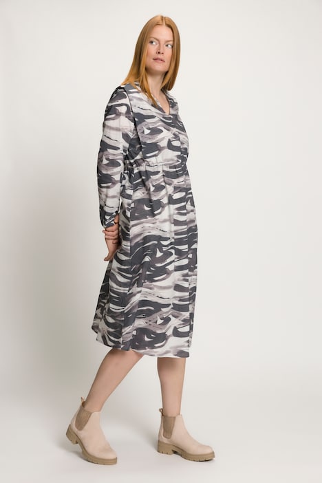 Midikleid, Wellen, V-Ausschnitt, Langarm, Biobaumwolle
