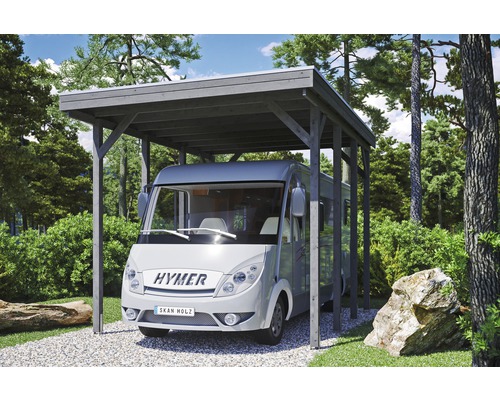 SKAN HOLZ Friesland Caravan enkele carport inclusief aluminium dakpanelen en H-paalankers, 397 x 555 cm, grijs