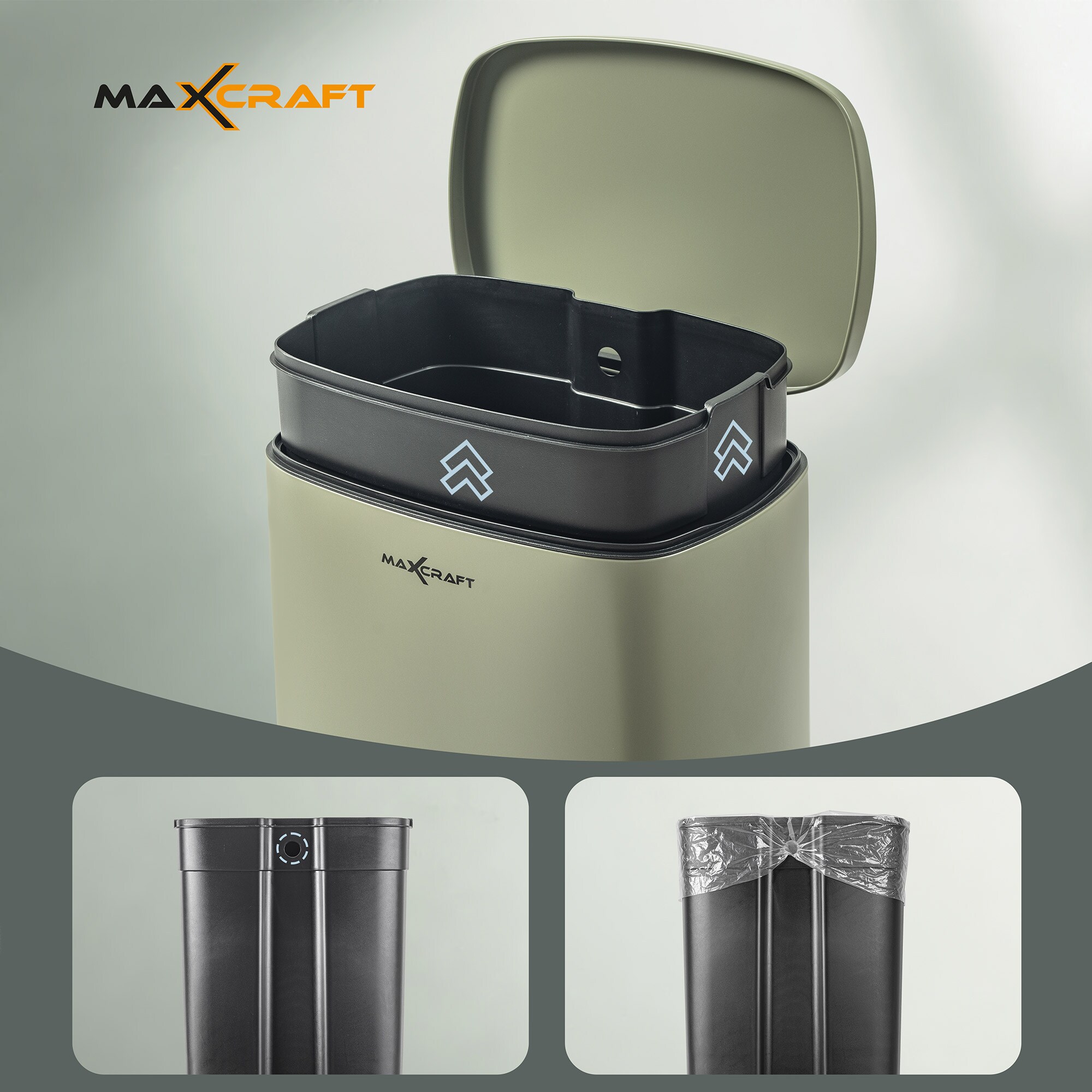 MAXCRAFT Mülleimer / Treteimer mit Soft Close Deckel - 50 Liter in Grün