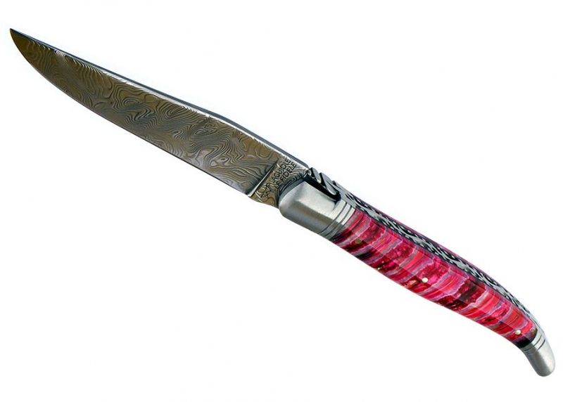 VENDU - Couteau Laguiole avec un manche en Molaire de Mammouth teintée rose