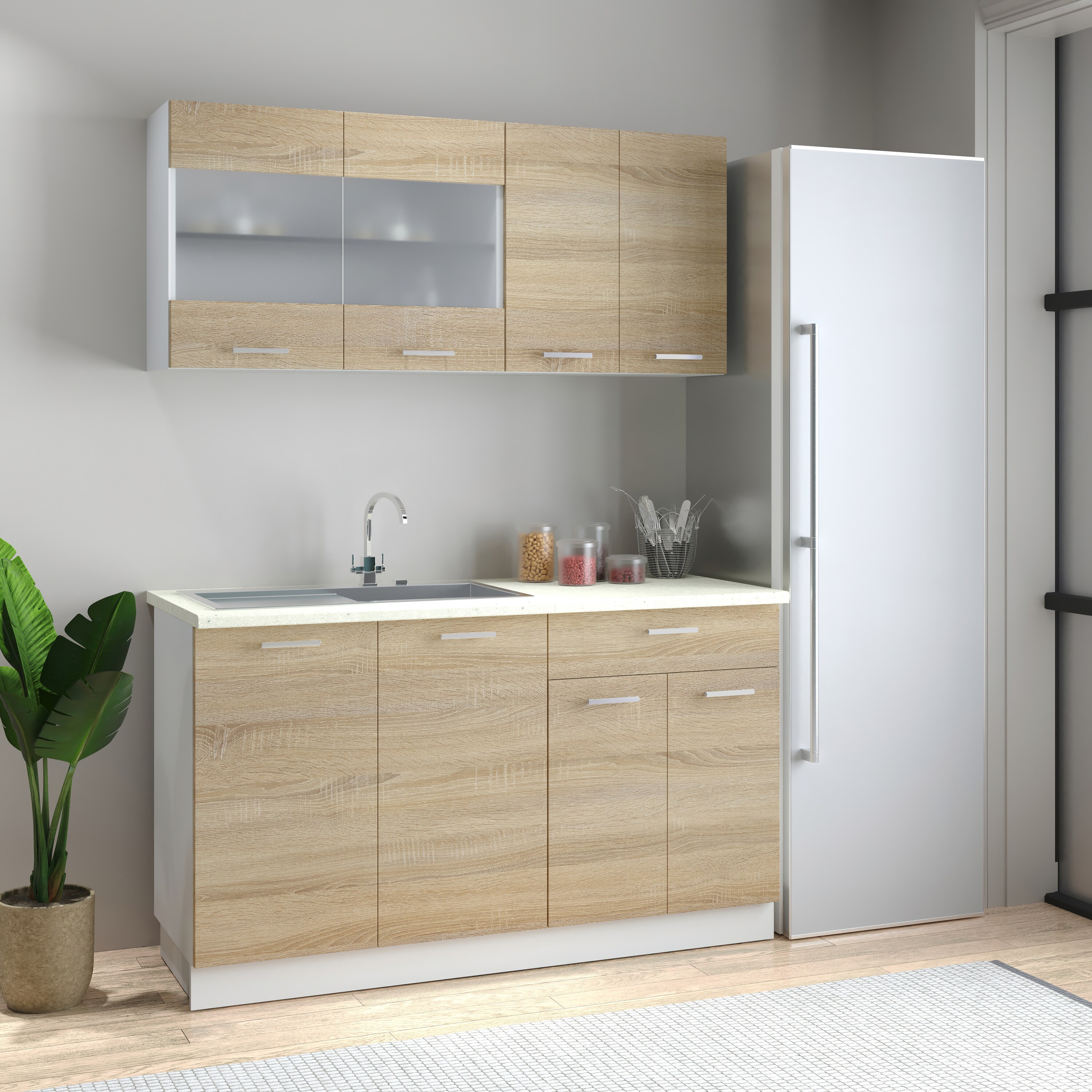 VCM 4-tlg Singleküche Einbauküche Küchenzeile Küchenblock Komplettküche 140 cm Esilo