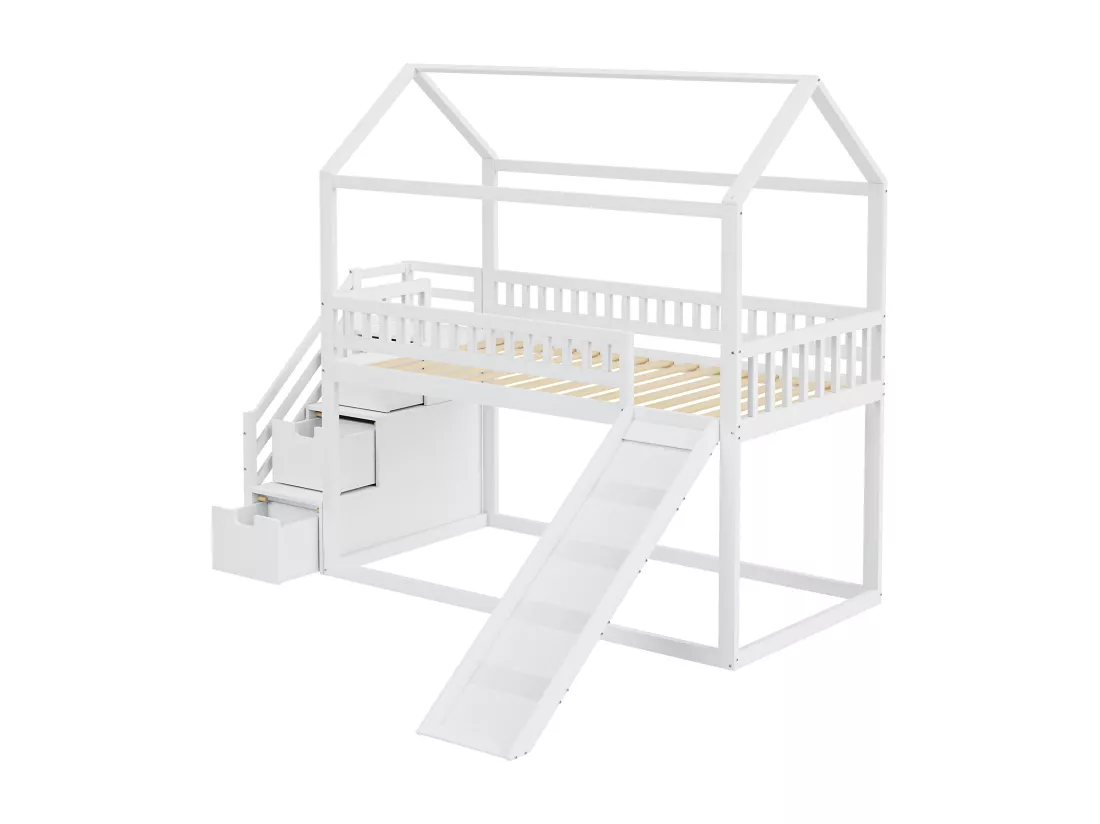 Lit superposé enfant 90x200 cm, lit mezzanine avec toboggan et échelle de rangement, barrière haute, cadre de lit en bois massif, blanc