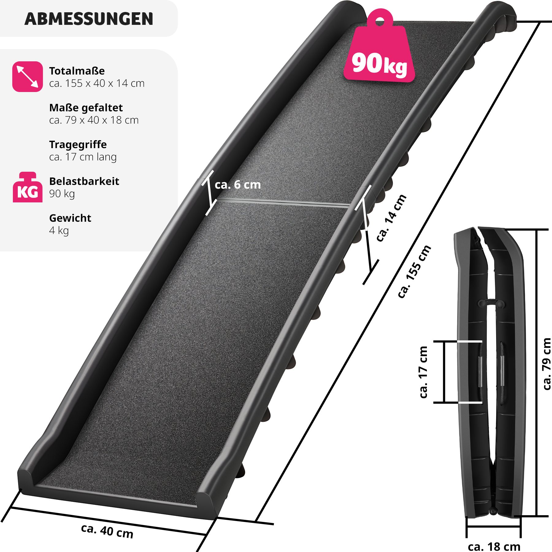tectake® Hunderampe, klappbar und rutschfest, Belastbarkeit 90 kg, 155 x 40 x 14 cm