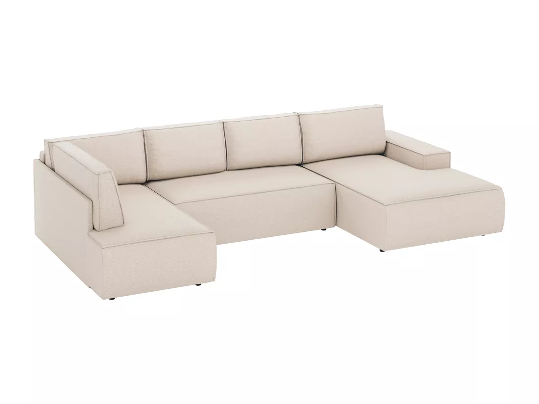 Grand canapé d'angle droit panoramique convertible en tissu texturé beige AMELIA