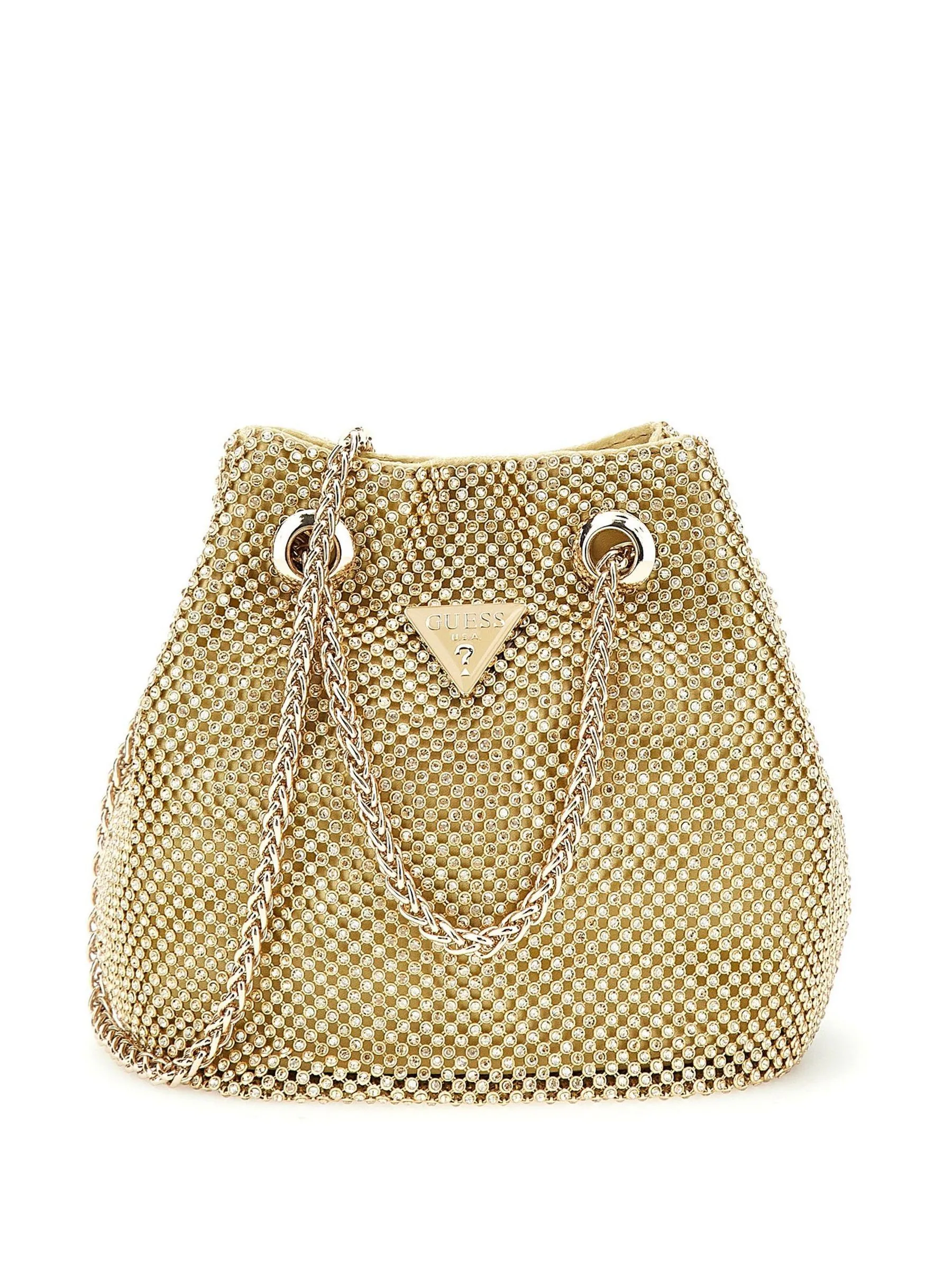 Goud - Guess Zalina Rhinestone Embellished Pouch Bucket Bag