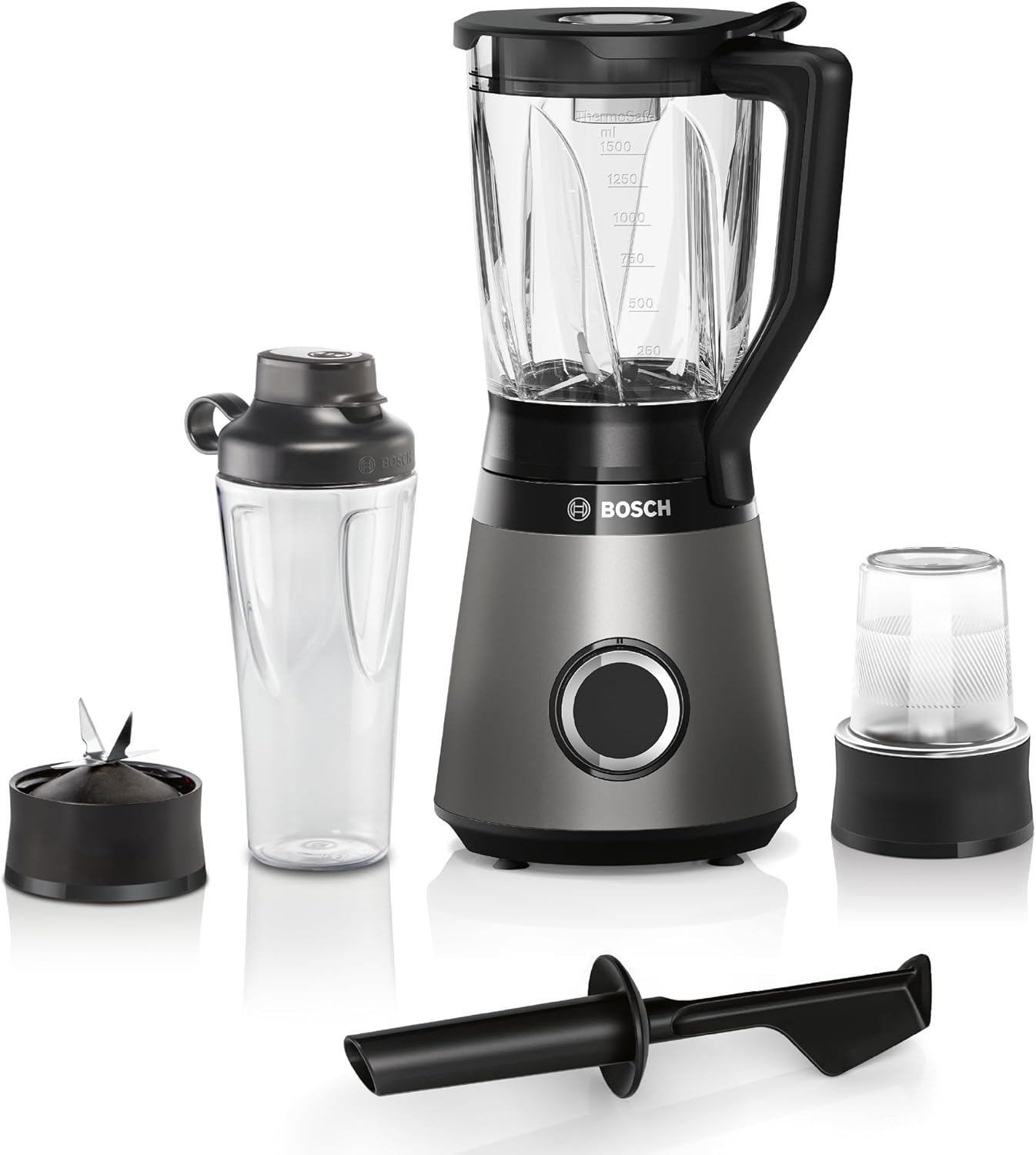 Bosch Standmixer, Smoothie Maker, 30,000 U/min, 1200 W, Edelstahl-Messer, 1,5l ThermoSafe Glasbehälter, 0,6l ToGo-Flasche, Zerkleinerer, Made in Europe, VitaPower Serie 4 MMB6177S