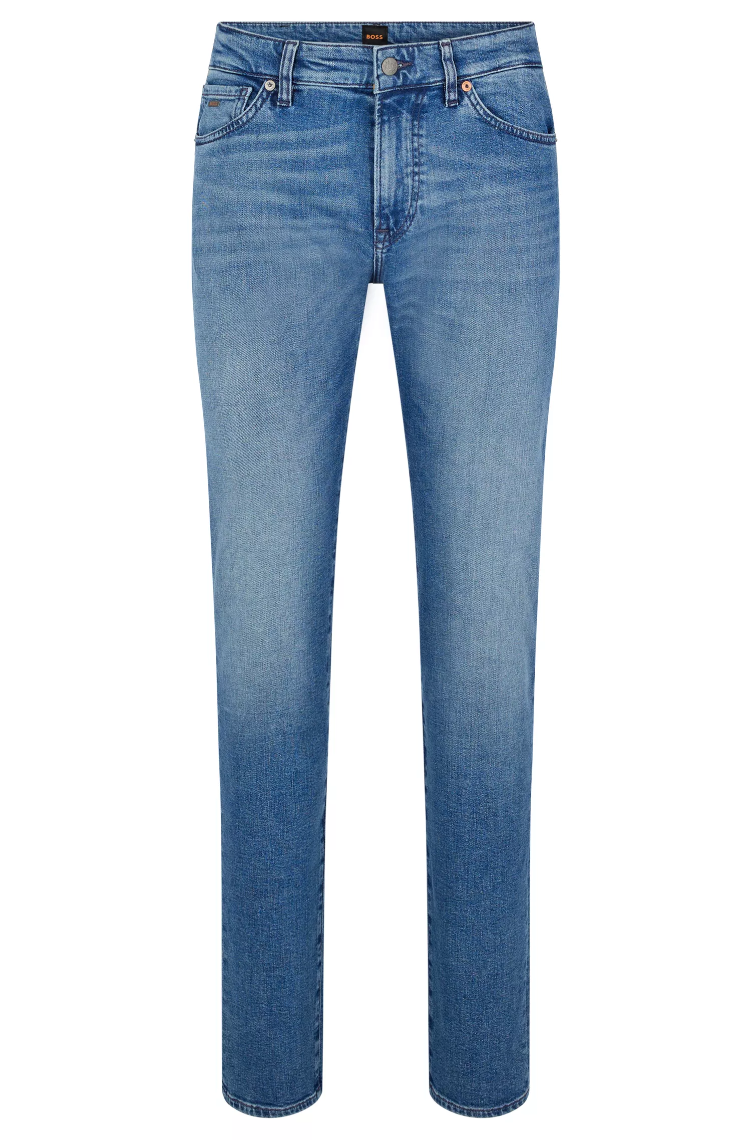 Calça jeans BOSS laranja, corte regular, em denim azul com elasticidade confortável.