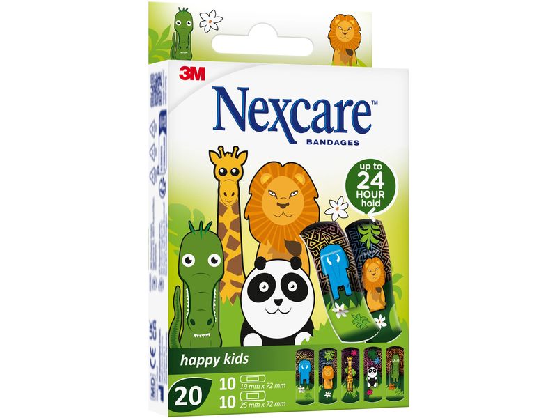 3M Nexcare Kinderpflaster Happy Kids Animals 2 Grössen, 20 Bunte Wundpflaster für Kinder
