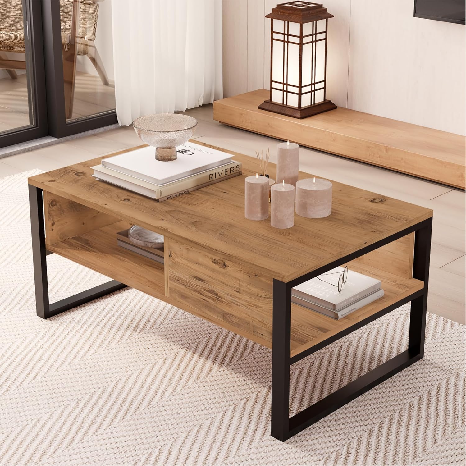 [en.casa] Couchtisch Laukaa Wohnzimmertisch Tischplatte rechteckig Beistelltisch 100 x 60 x 45 cm Sofatisch Stauraum Eicheoptik rustikal