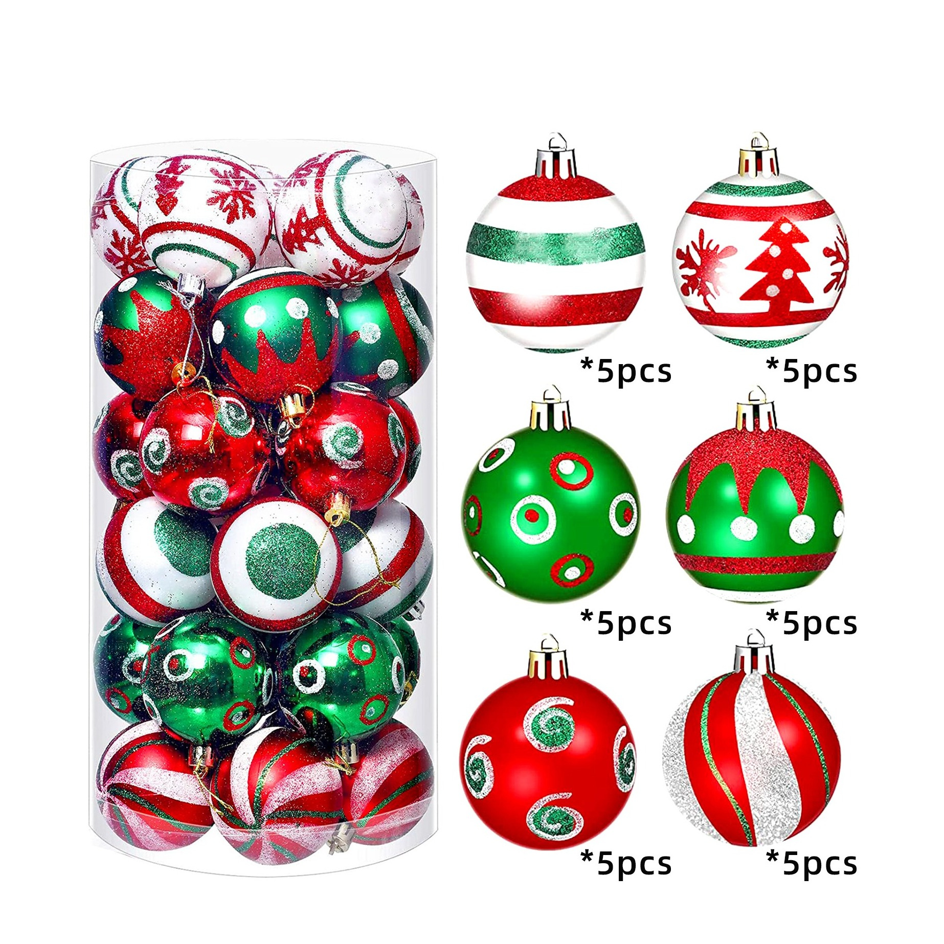 (30er Set) Ø6cm Christbaum Schmuck Glitzer Weihnachtskugeln Tannenbaum Aufhänger Home Deko mit Weihnachtsbaum Motiv - Rot / Grün / Weiss