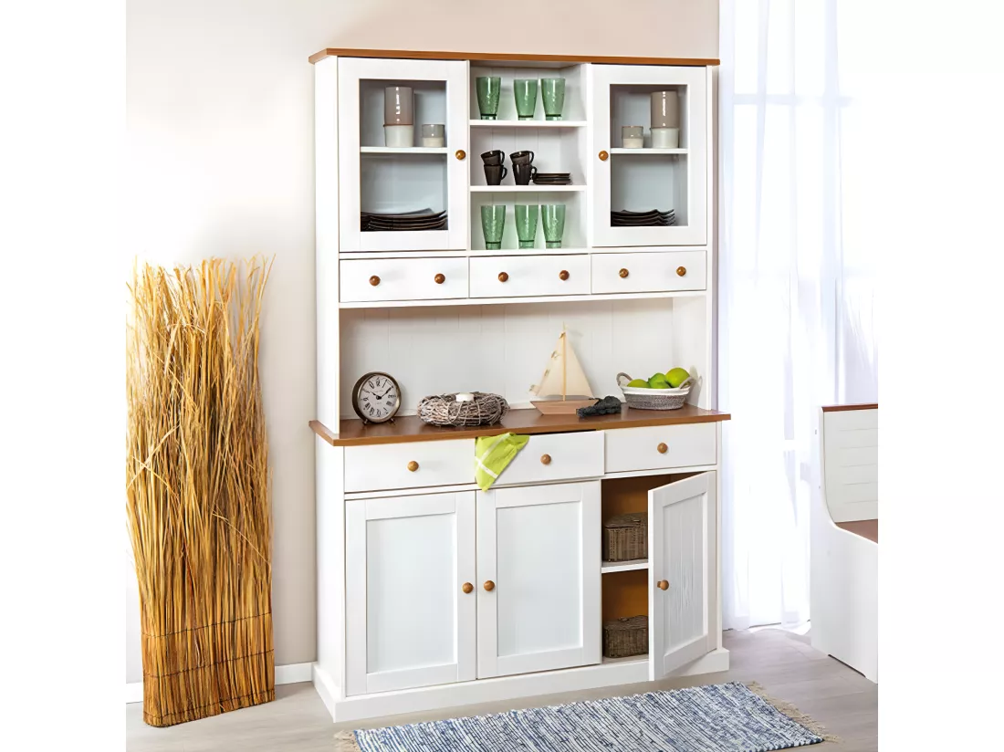 SOCOA - Buffet Vaisselier 5 Portes 6 Tiroirs Bois Massif Vernis Sepia et Blanc
