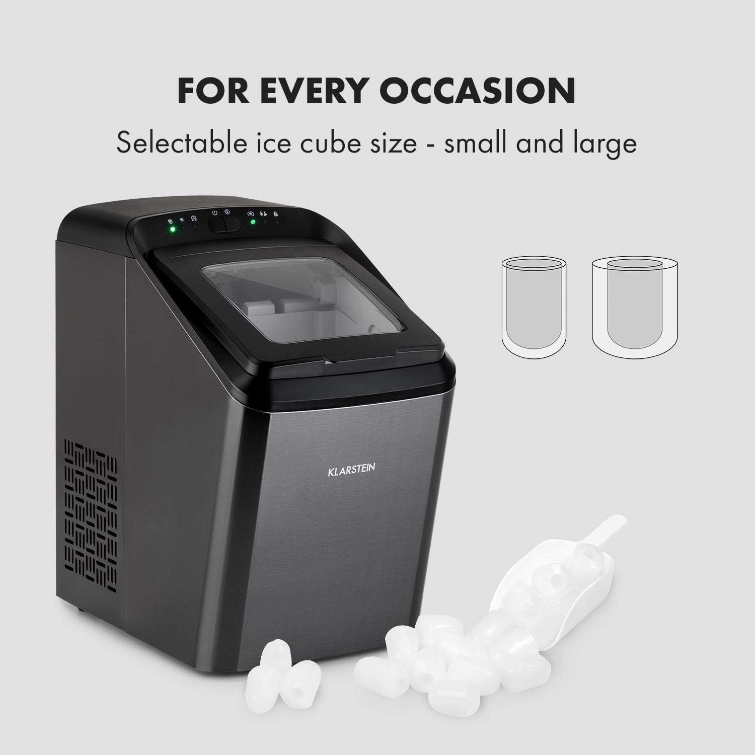 Klarstein Eiswürfelmaschine Klein, 2,9 L Eiswürfelbereiter, Eiswürfelmaschine für 15 kg Große und Kleine Eiswürfel, Schnelle Mini-Eiswürfelmaschine, Eiswürfelbereiter Selbstreinigend