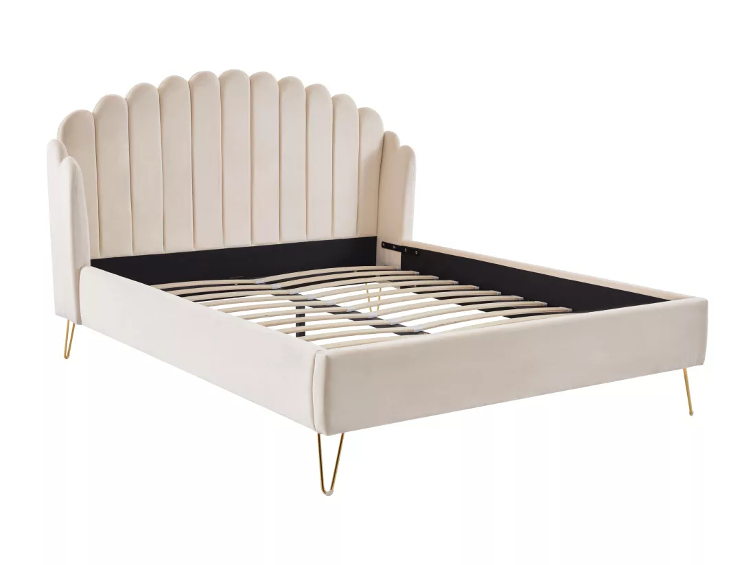 Lit 140 x 190 cm avec tête de lit ondulée - Velours - Beige - SAGALI
