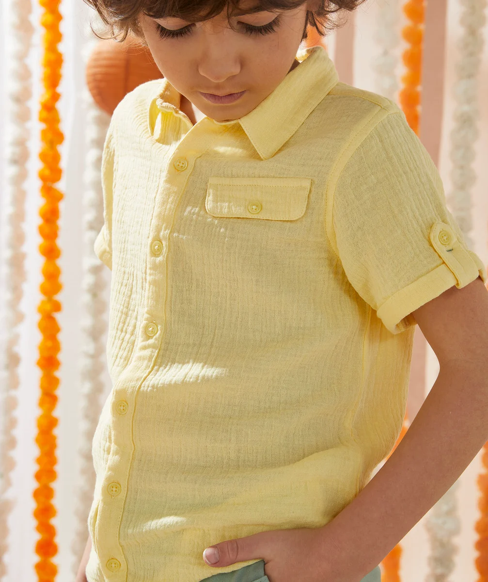 CHEMISE MANCHES COURTES GARÇON EN GAZE DE COTON JAUNE