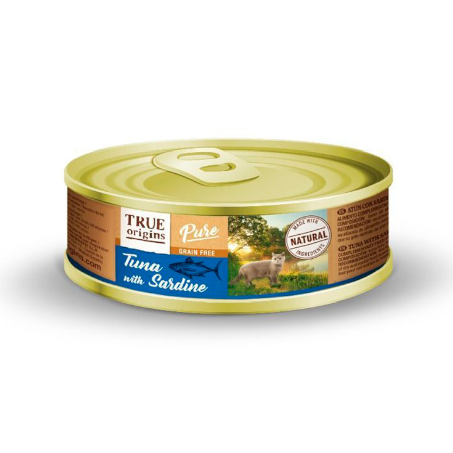 Atum e sardinha puros True Origins em lata para gatos adultos.