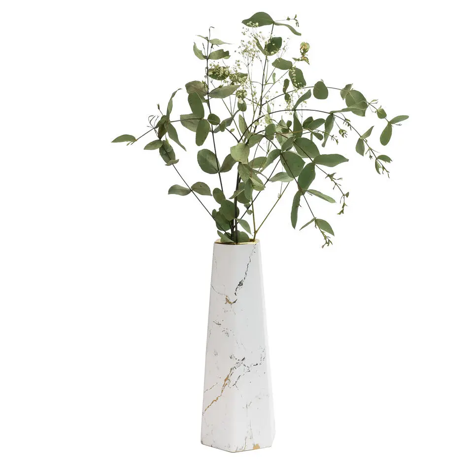 QUVIO Zeshoekige vaas, keramiek - Wit met goud marble look - M