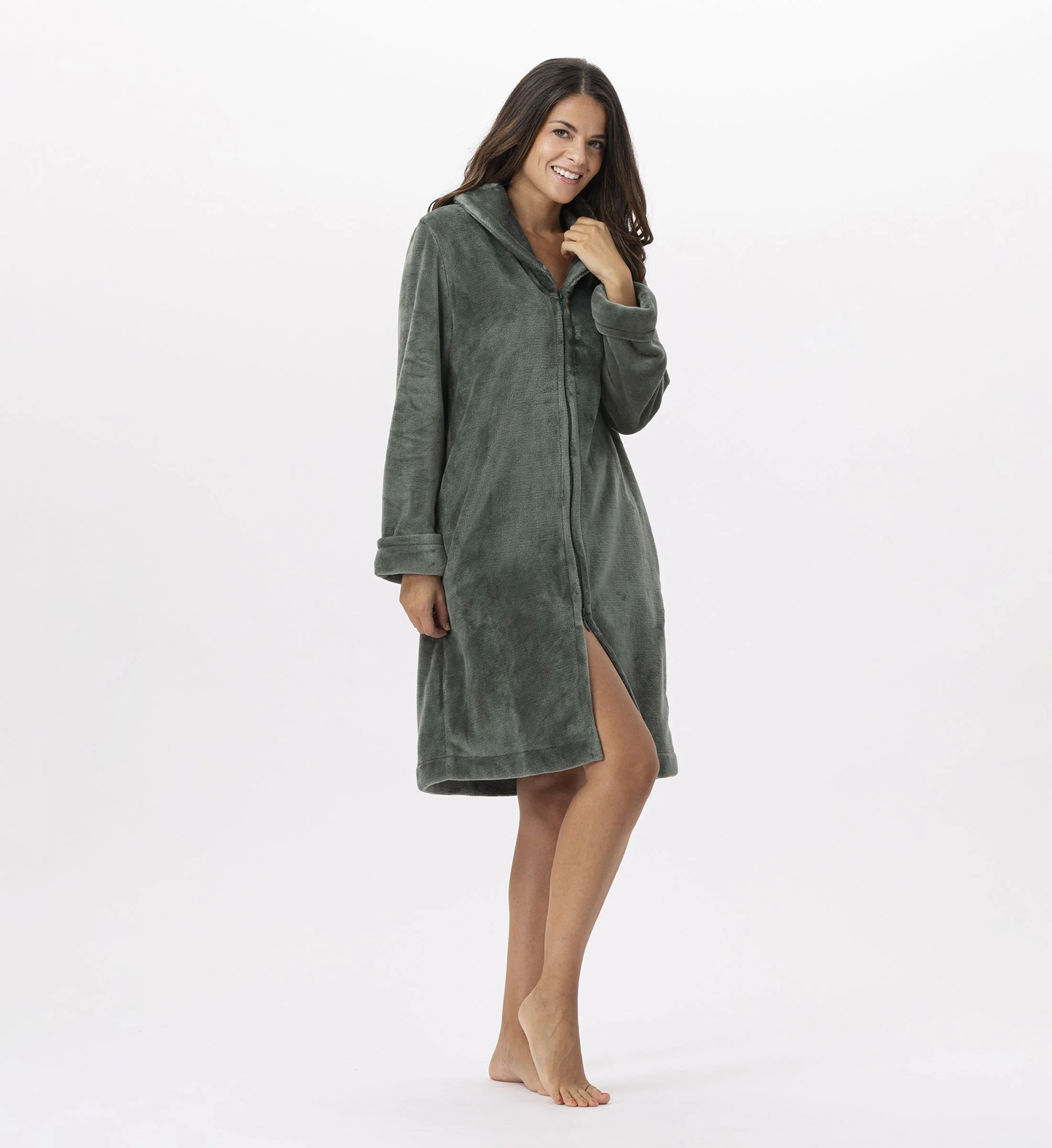 ESSENTIEL H56B - Robe de chambre zipée en peluche flanelle | Vert
