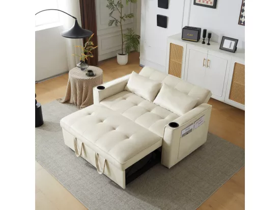 Canapé convertible en Velours - 2 places - avec 2 oreillers, poches d'accoudoir, porte-verres - Dossier inclinable - 137x76.5x83cm
