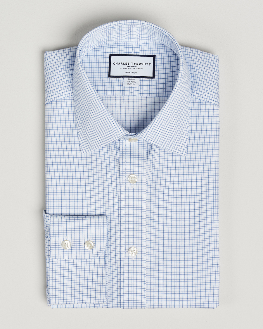 Charles Tyrwhitt Slim Fit Non Iron Mini Grid Check Shirt Sky Blue