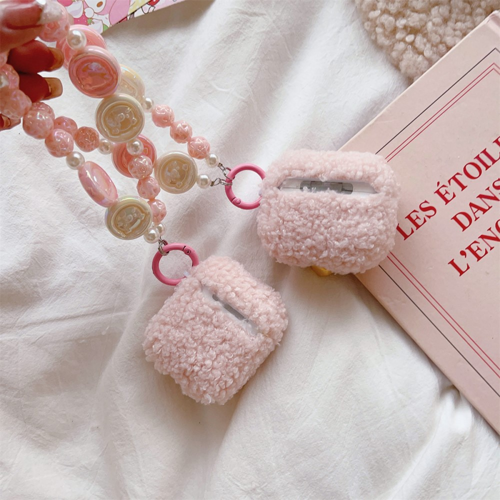 AirPods (1. & 2. Generation) Gummi Case Schutzhülle mit Handschlaufe - Cartoon Bär (Rosa)