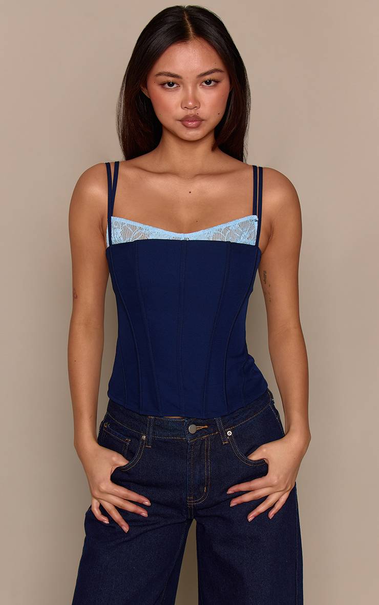 Bleu Marine Corset À Bretelles En Tissu Tissé Avec Détails En Dentelle Contrastante