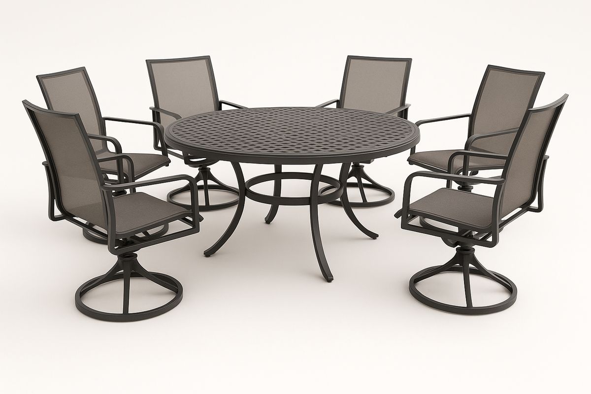 7-teilige Aluminium-Gartentischgruppe Rundtisch mit 6 Schaukelsesseln Grau