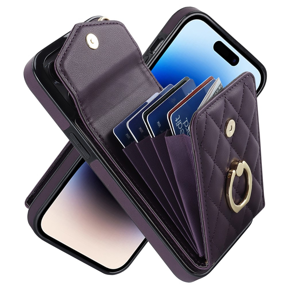 iPhone 15 Pro Max Necklace Leder Hülle mit Kartenfächer   Finger Griff Halterung   Handykette (RFID Schutz) - Violett