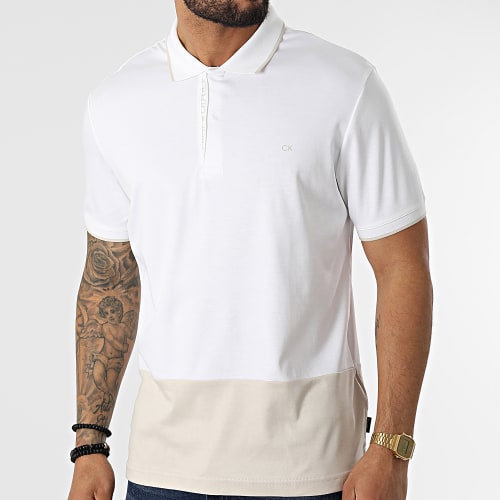 Polo A Manches Courtes Color Blocking Logo Placket 8734 Blanc Beige