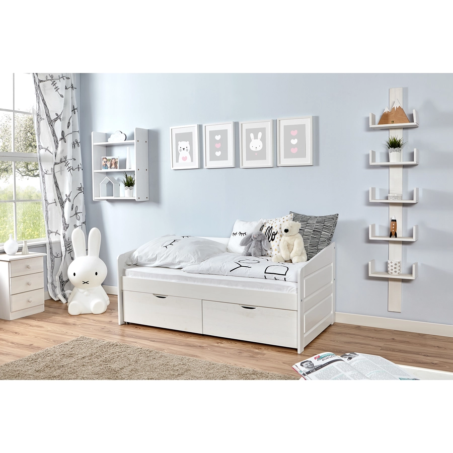 TiCAA Sofabett Mini Micki Buche weiß mit 2 Schubladen inkl. Matratze