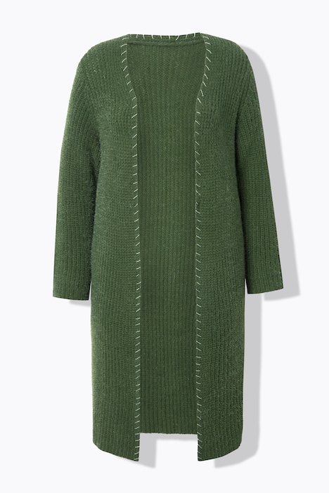 Strickjacke, extra lang, Ausschnitt mit Zierstich