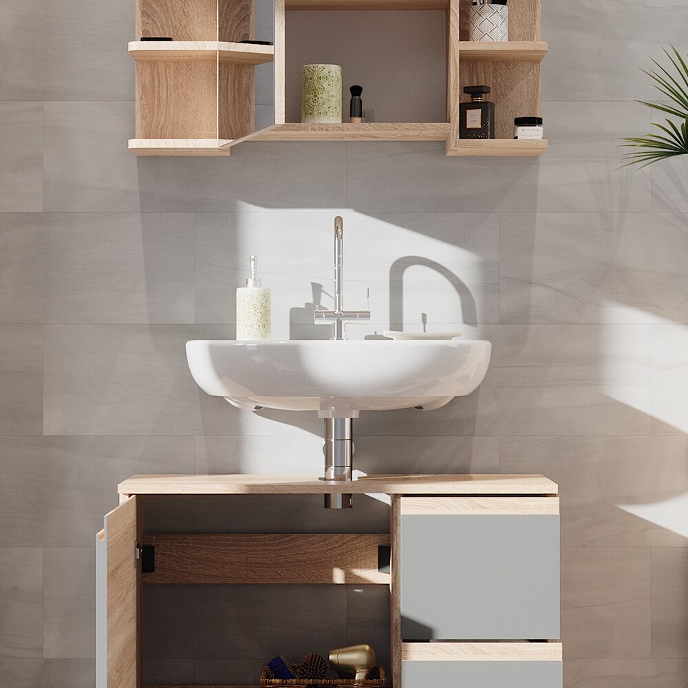 Vicco Badmöbelset J-shape Sonoma Anthrazit modern Badezimmer Schrank Badschrank Waschtischunterschrank Spiegelschrank Schranktür Schrankschublade Aufbewahrung