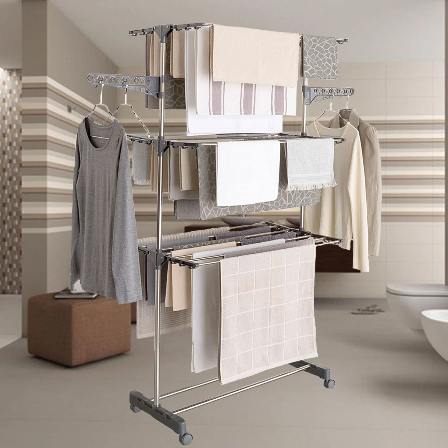Séchoir à linge vertical pliable 3 niveaux MAXIMA capacité 20M inox et gris