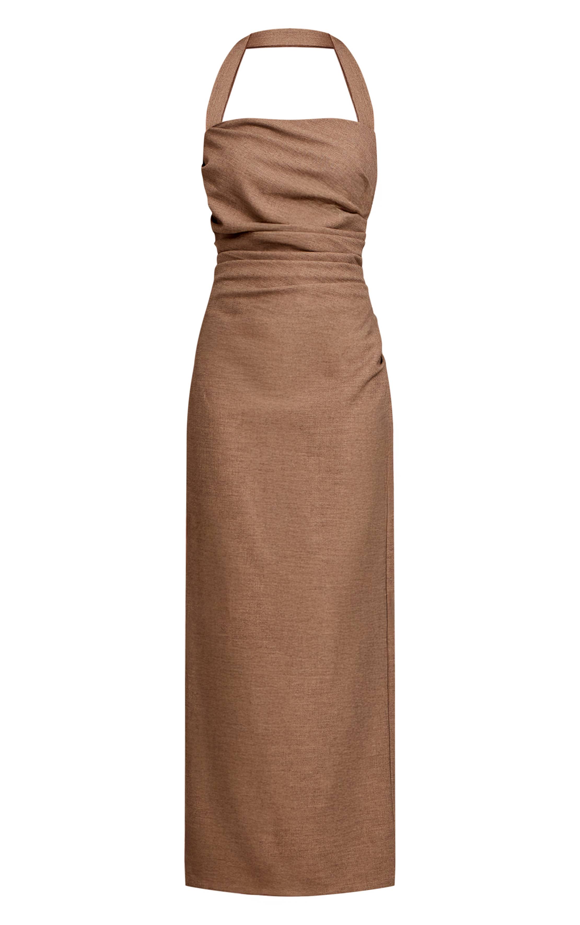 Taupe Robe Longue À Col Licou Avec Détails Froncés