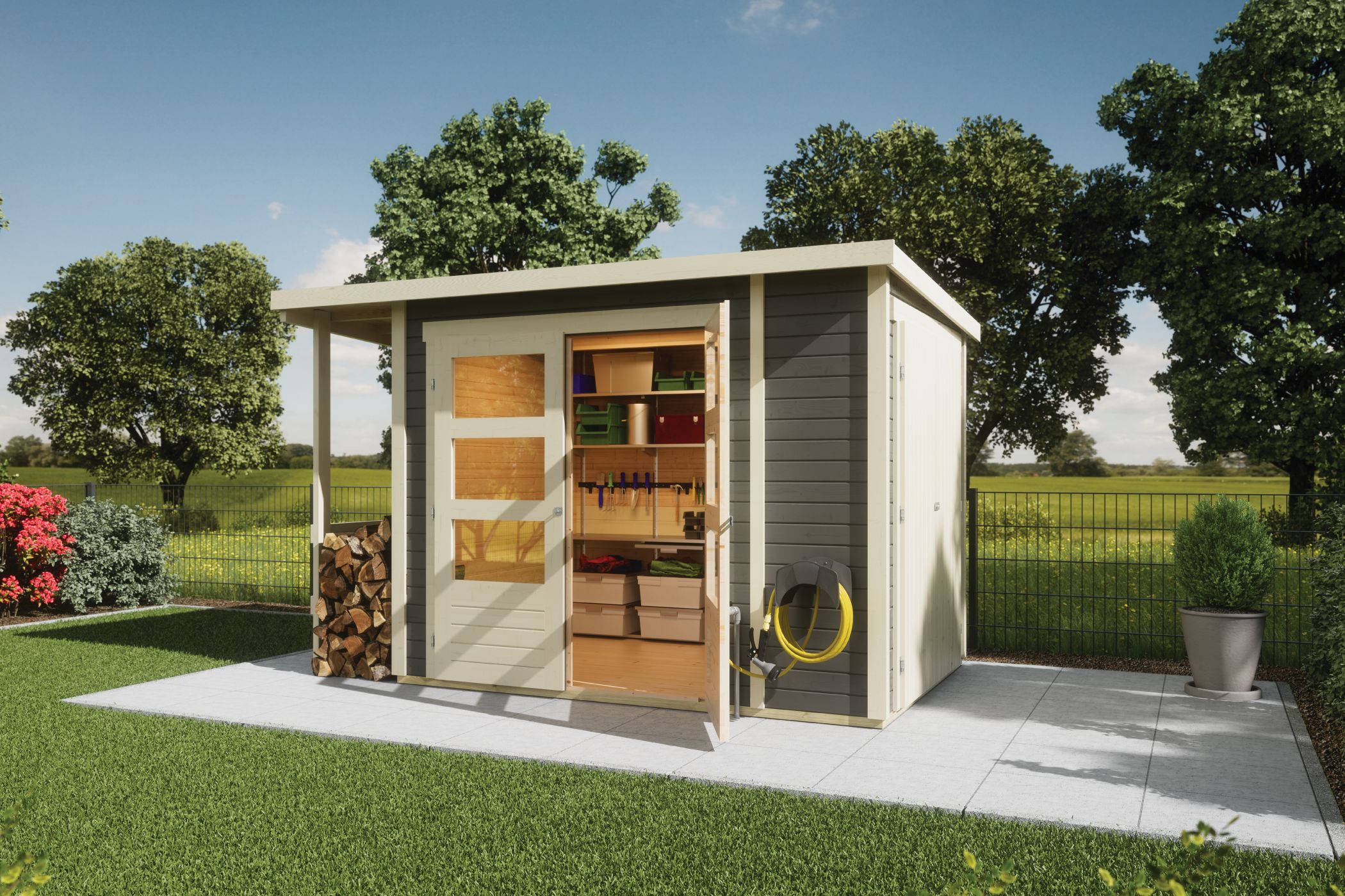 Karibu Gartenhaus 19 mm Multi Pultdach mit Schrank und Anbaudach terragrau inkl. Fußboden & Dacheindeckung