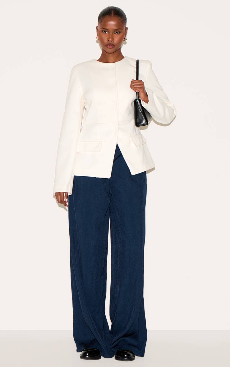 Crème Blazer Long Sans Col Avec Boutons