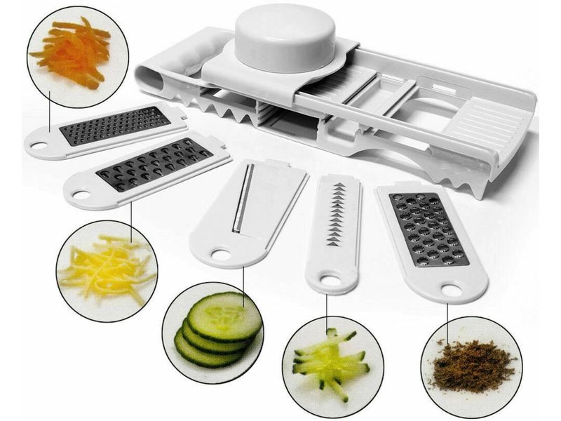 alpina Multifunktionsreibe Weiss Multifunktionale Küchenreibe mit 5 Einsätzen und Edelstahlmessern