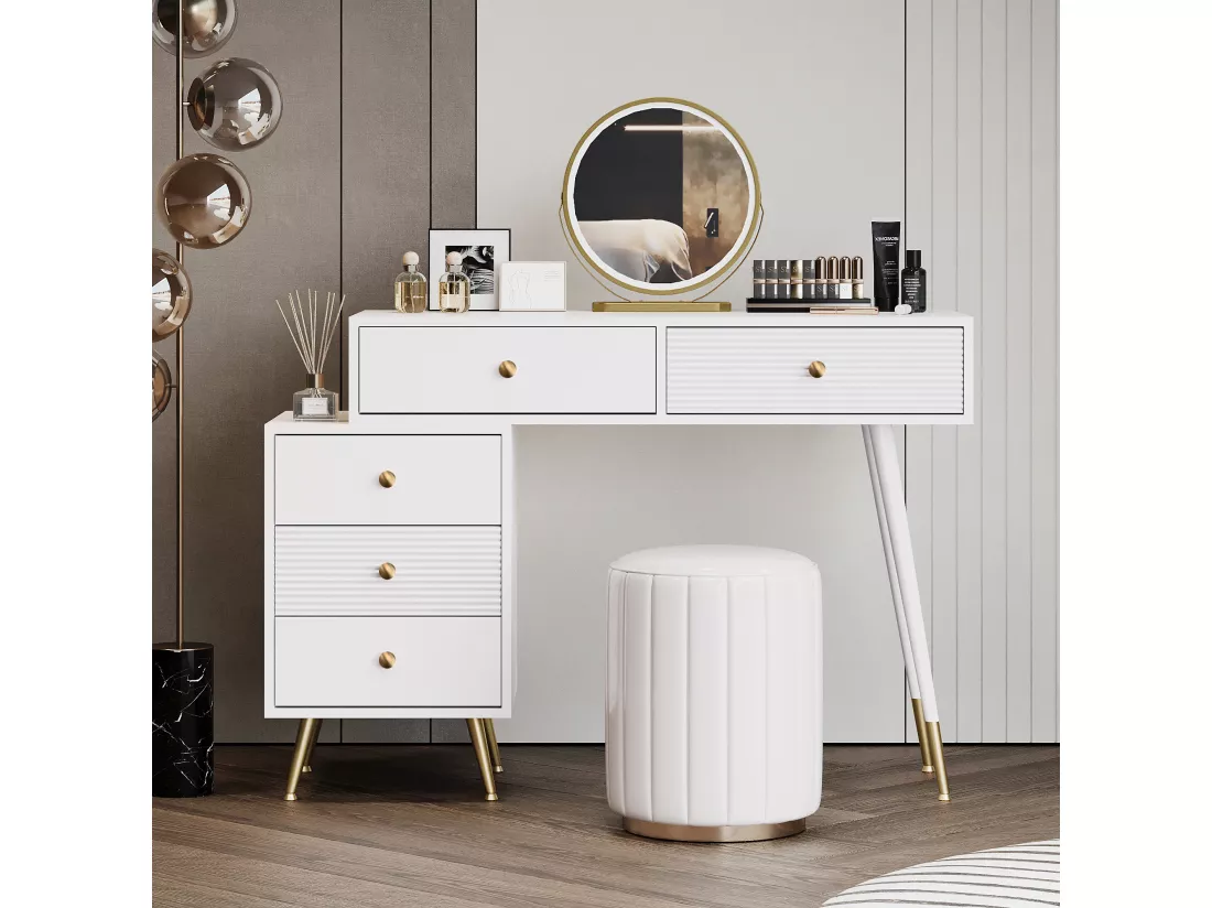 Coiffeuse avec miroir et 5 tiroirs - 100 x 40 x 78 cm - Panneau de particules - LEDs - Blanc (sans tabouret)