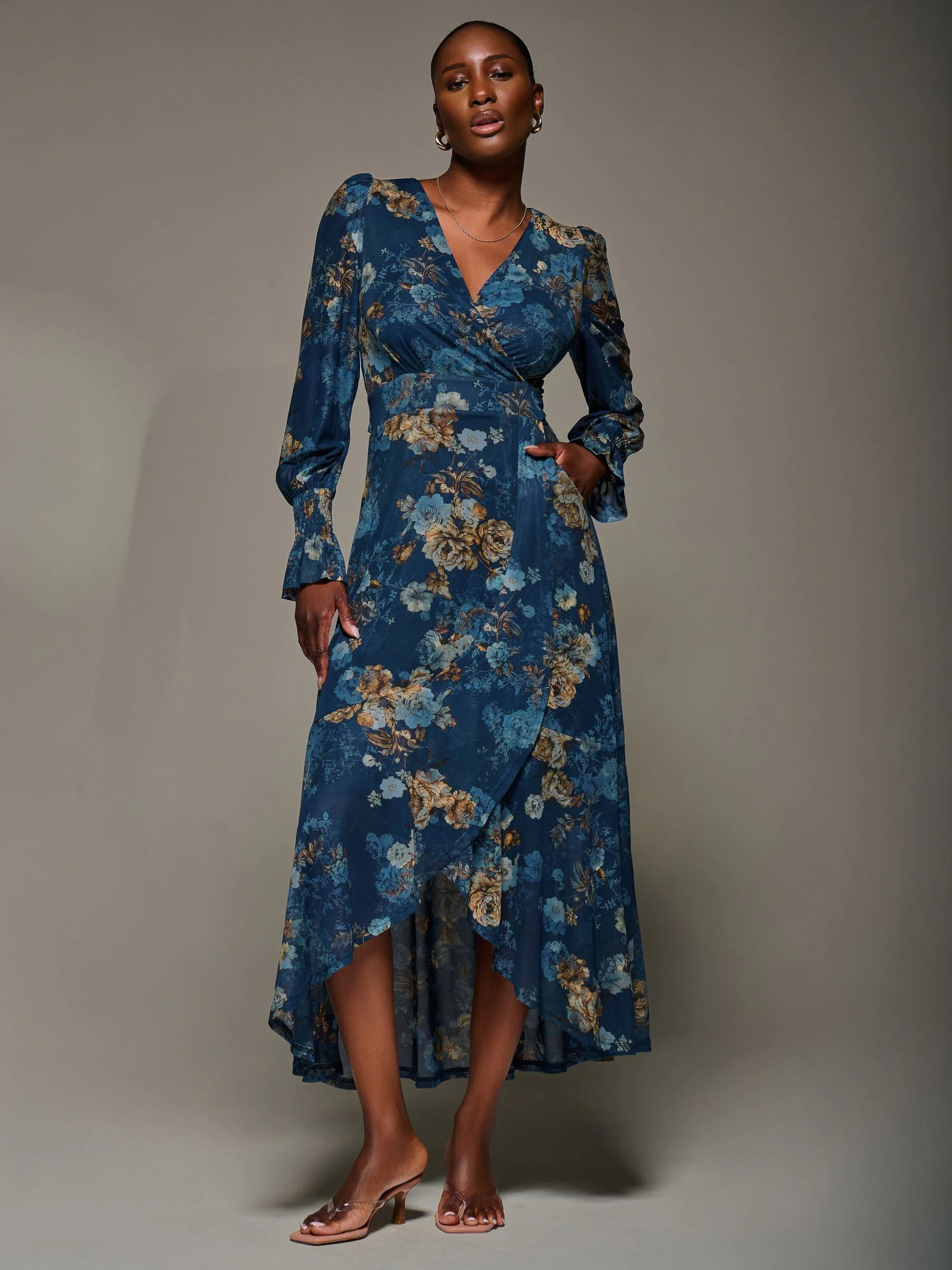 Jolie Moi Long Sleeve Frill Hem Mesh Maxi Dress