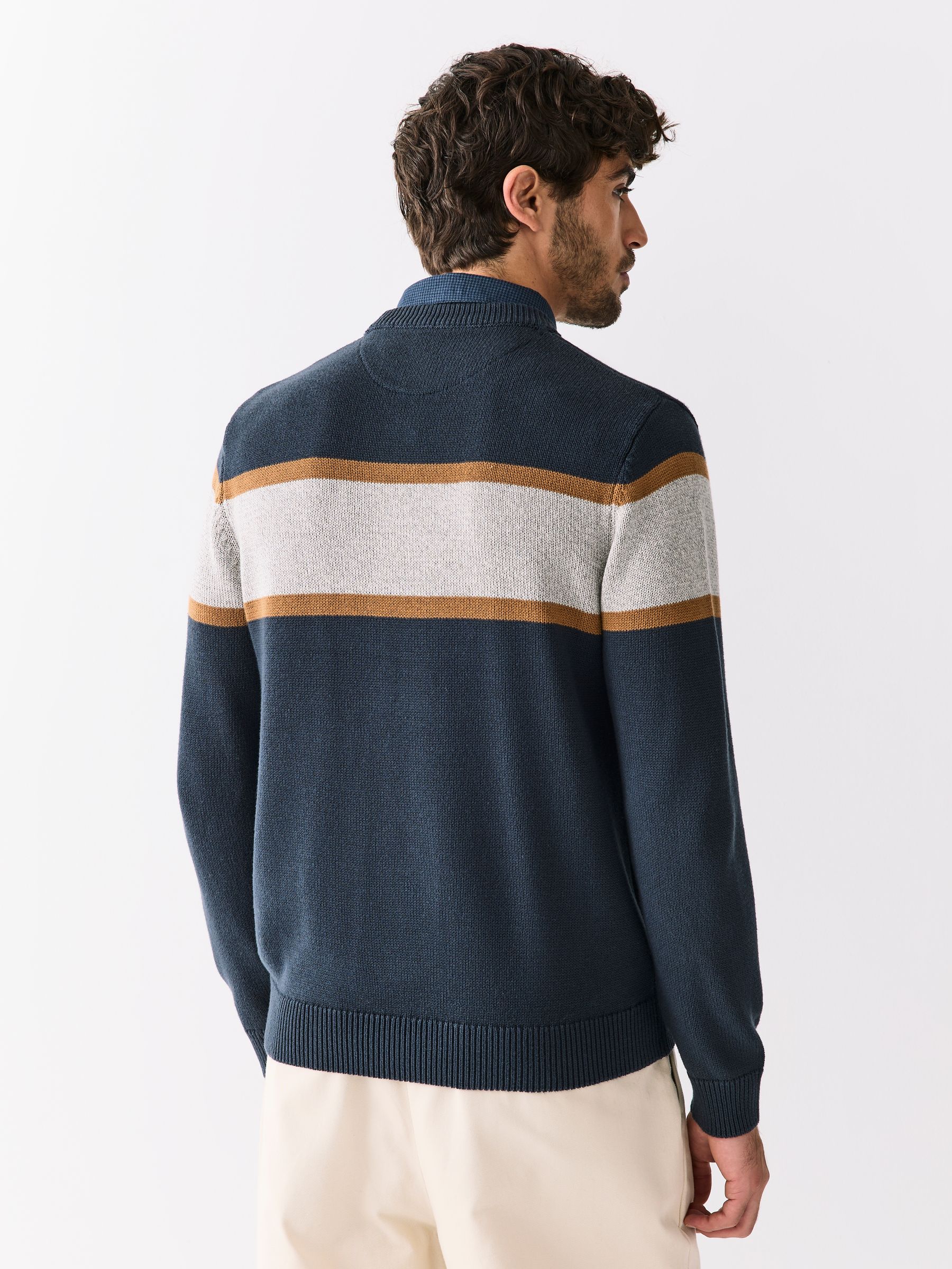 Donkerblauw - Regular Fit Colourblock Stripe Mock Shirt Jumper