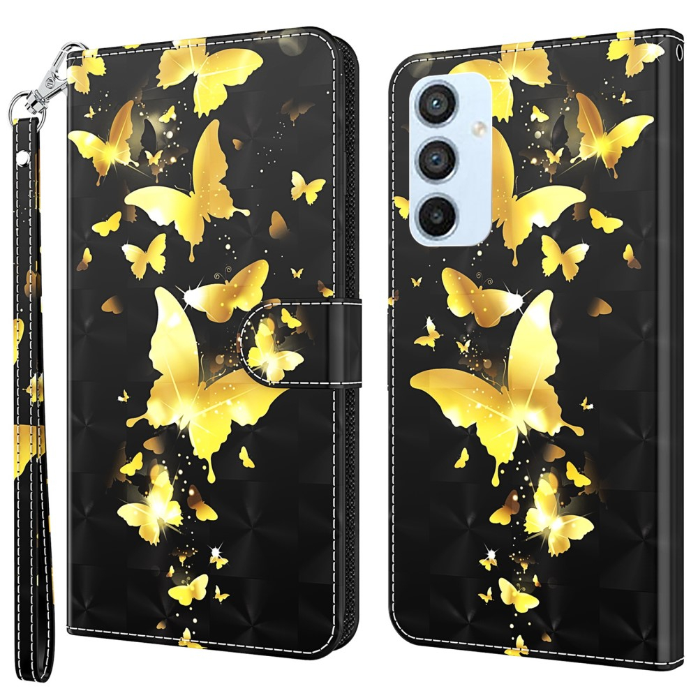 Samsung Galaxy A54 5G Leder Tasche mit Kartenfach   Handschlaufe - Schmetterling (Schwarz / Gold)