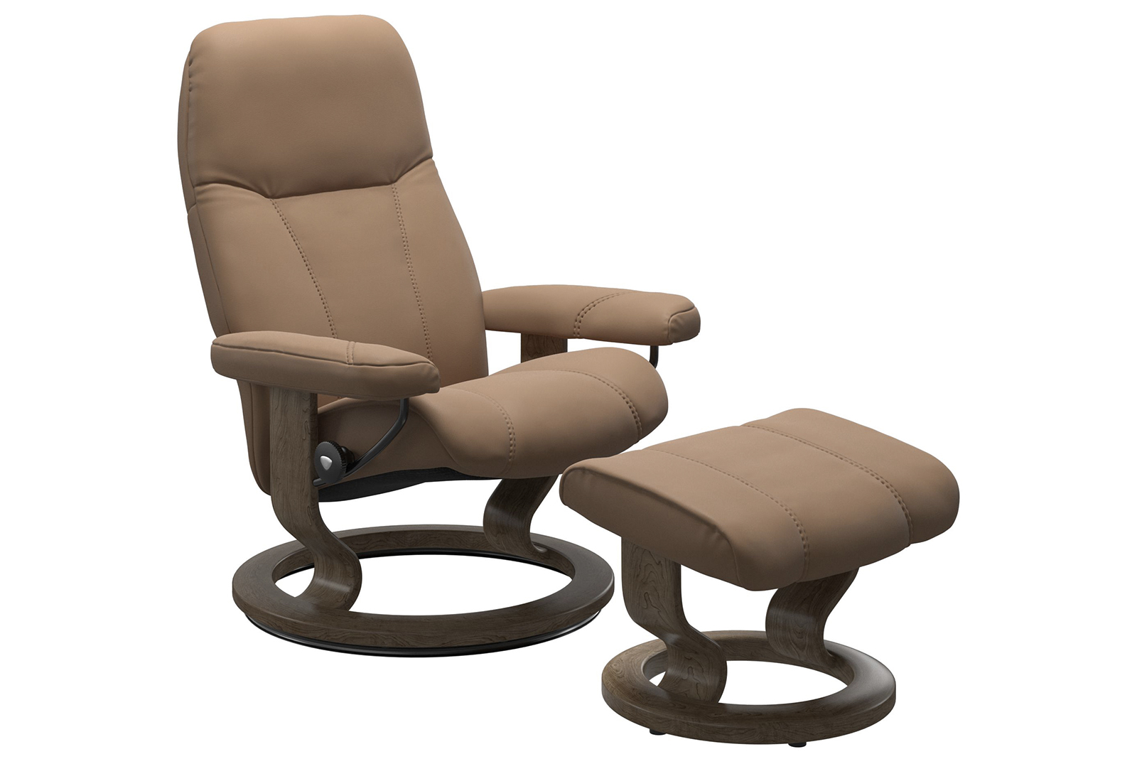 Consul lenestol m/krakk I hud Batick Latte med Classic Smoke Oak understell. Medium stol med krakk.