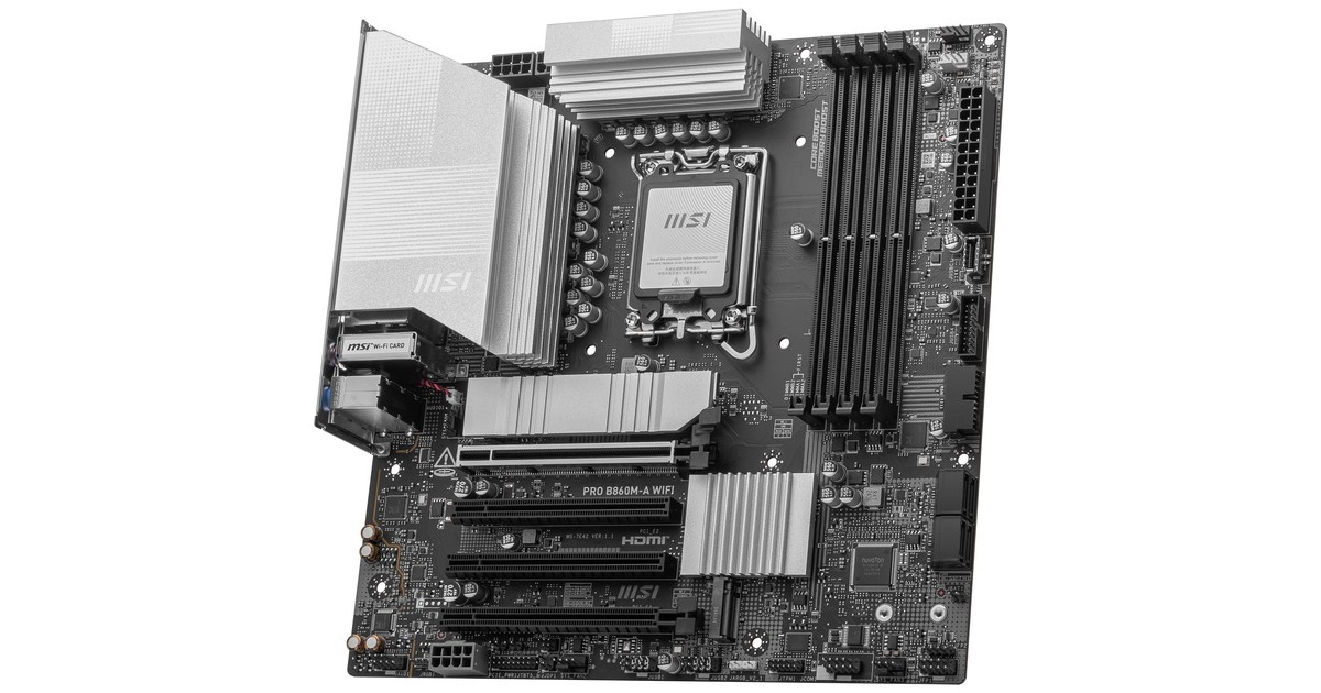 MSIPRO B860M-A WIFI socket 1851 moederbord  (zilver, RAID, 5Gb-LAN, Wi-Fi 7, BT, Sound, µATX)
