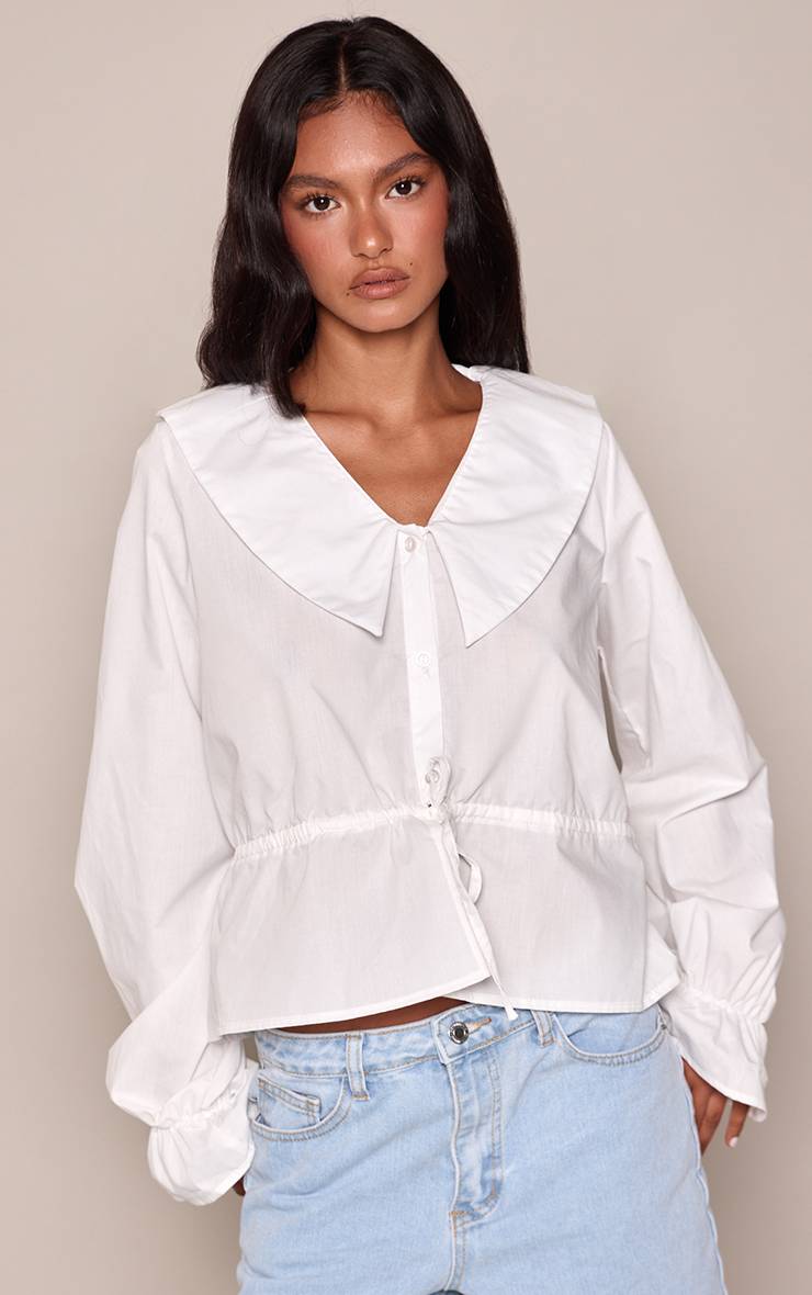 Blanc Chemise Cintrée En Popeline De Coton Avec Col Détaillé