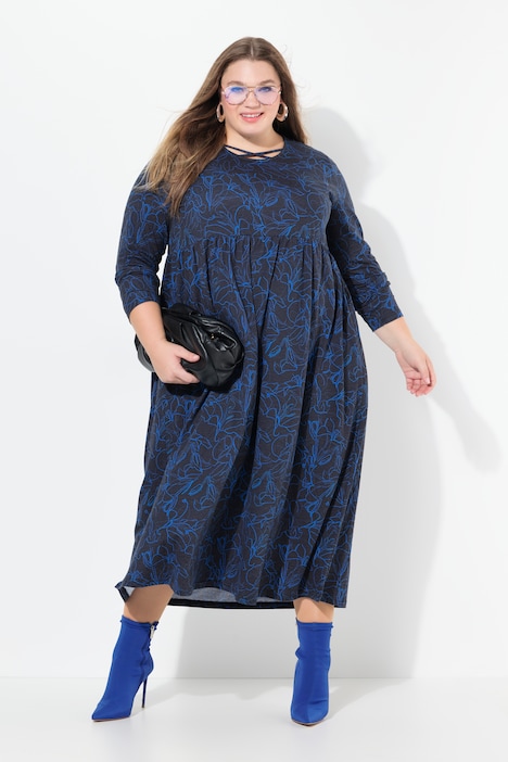 Jersey-Midikleid, A-Linie, Zierbänder, Rundhals, Langarm