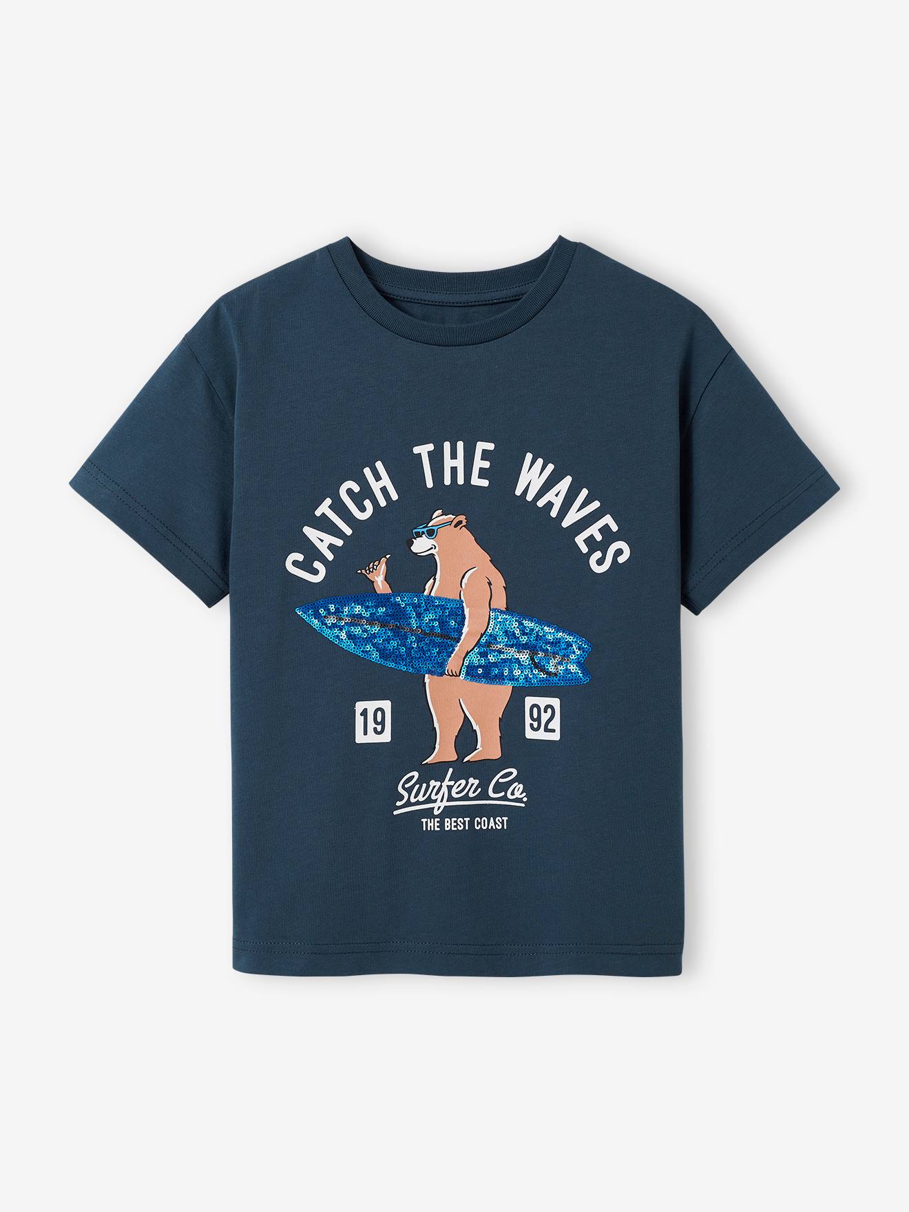 Camiseta azul marinho com lantejoulas e estampa de astronauta para meninos