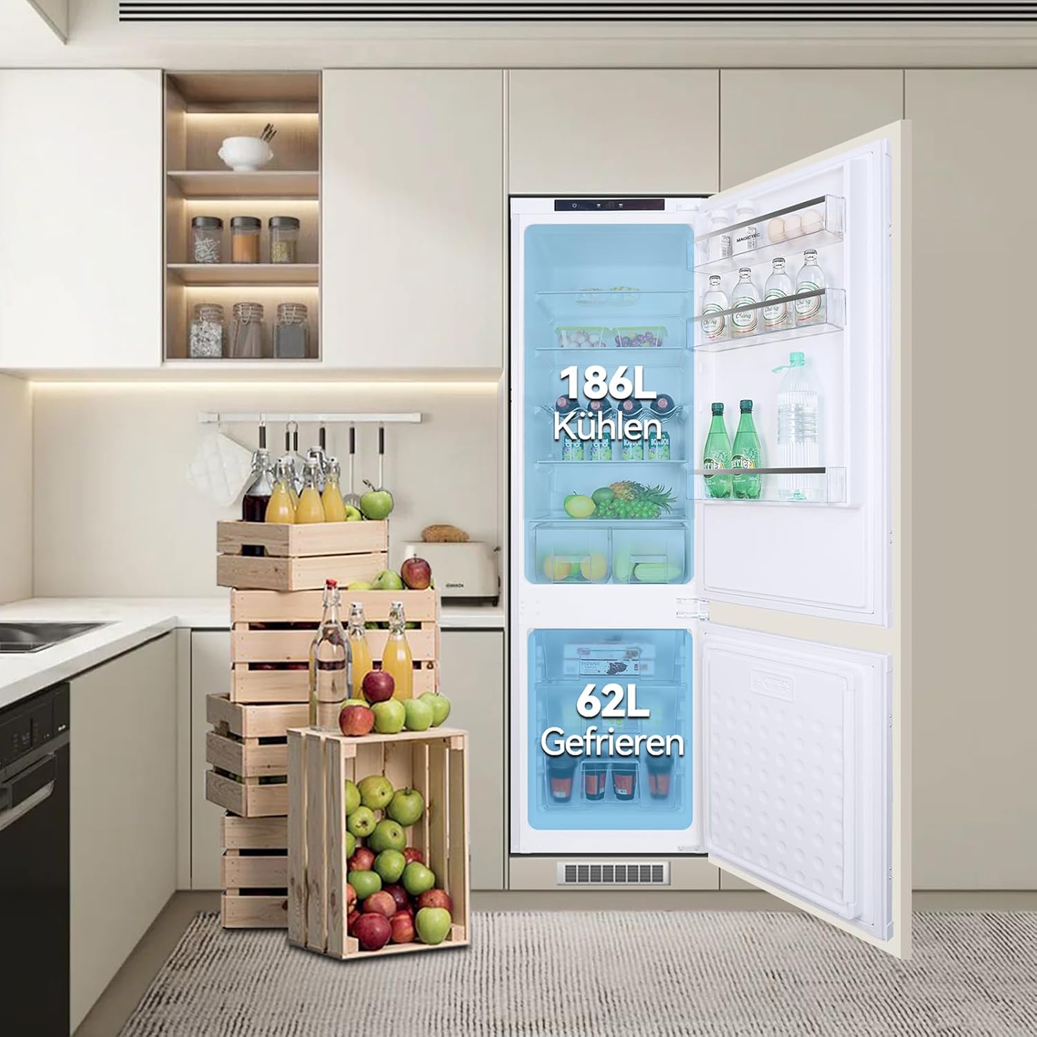 Einbaukühlschrank mit gefrierfach 177 cm hoch ,[​No Frost Plus] , kühl gefrierkombination einbau 178 kühlschrank | 248L (186L/62L) | Energieeffizient |5 hat,5 Schubladen|Leise|Türscharnieren Wechselbar