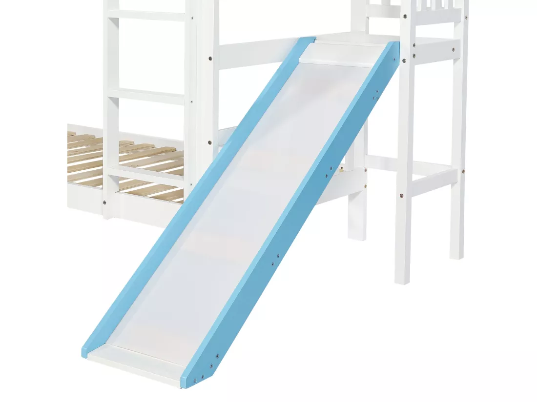 Lit superposé pour enfants 90x200 cm, avec toit, fenêtre, rails, toboggan, blanc + bleu