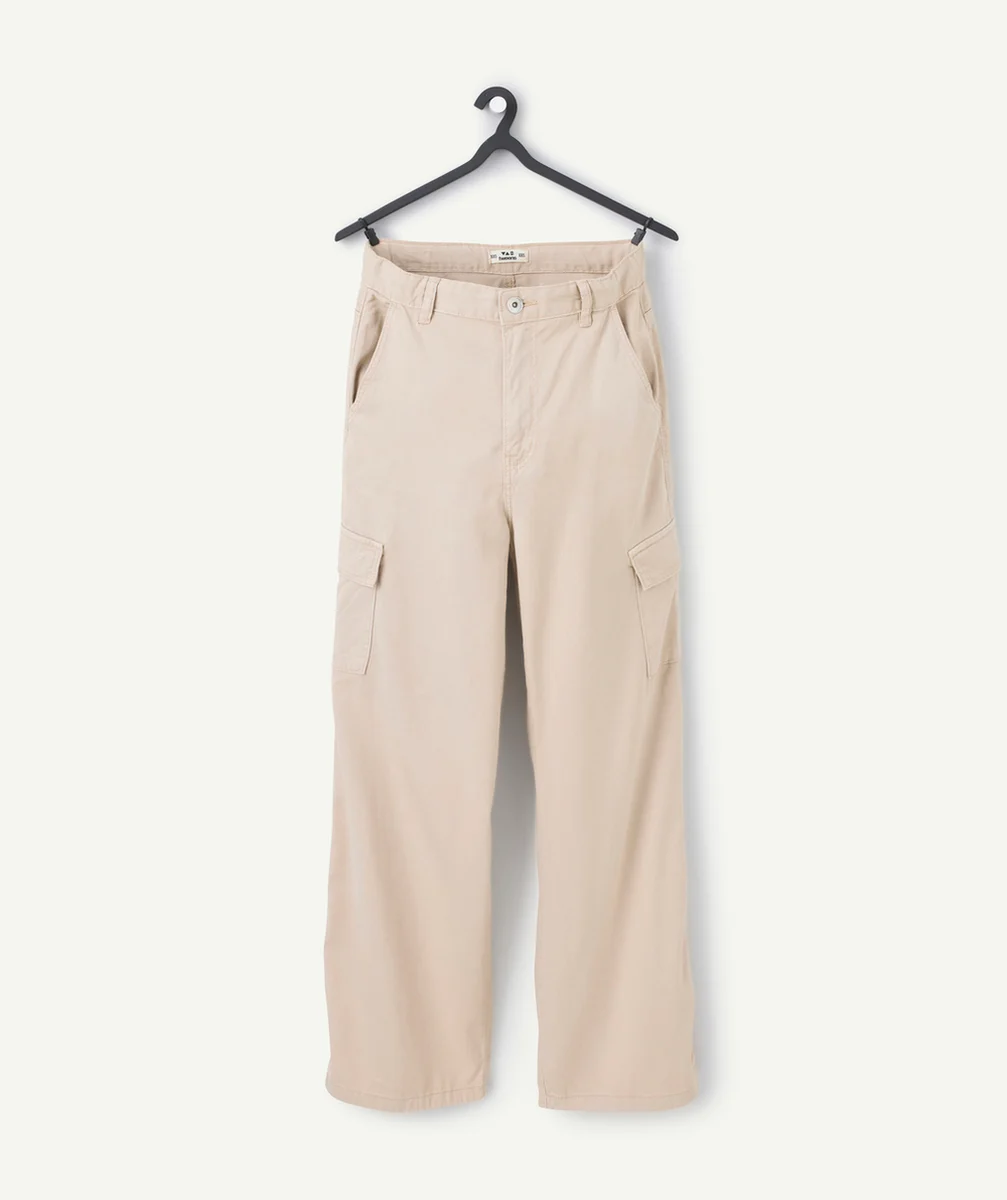 pantalon large garçon en viscose responsable beige avec poches cargo